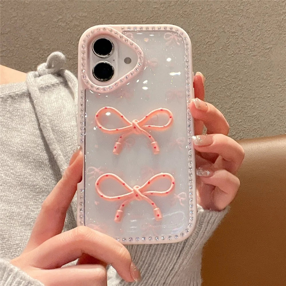 For iPhone 16 Plus Case Two Bow Epoxy Design TPU + PC Phone Back Cover Rhinestone Decor - Pink - 3