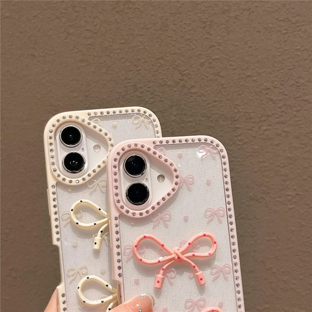 For iPhone 16 Plus Case Two Bow Epoxy Design TPU + PC Phone Back Cover Rhinestone Decor - Pink - 7