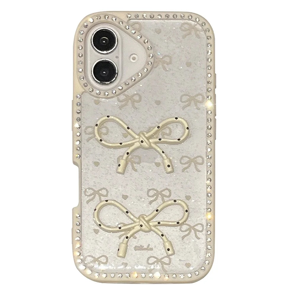 For iPhone 16 Case Two Bow Epoxy Design TPU + PC Phone Back Cover Rhinestone Decor - Beige - 1