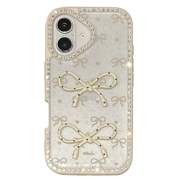 For iPhone 16 Case Two Bow Epoxy Design TPU + PC Phone Back Cover Rhinestone Decor - Beige - 1