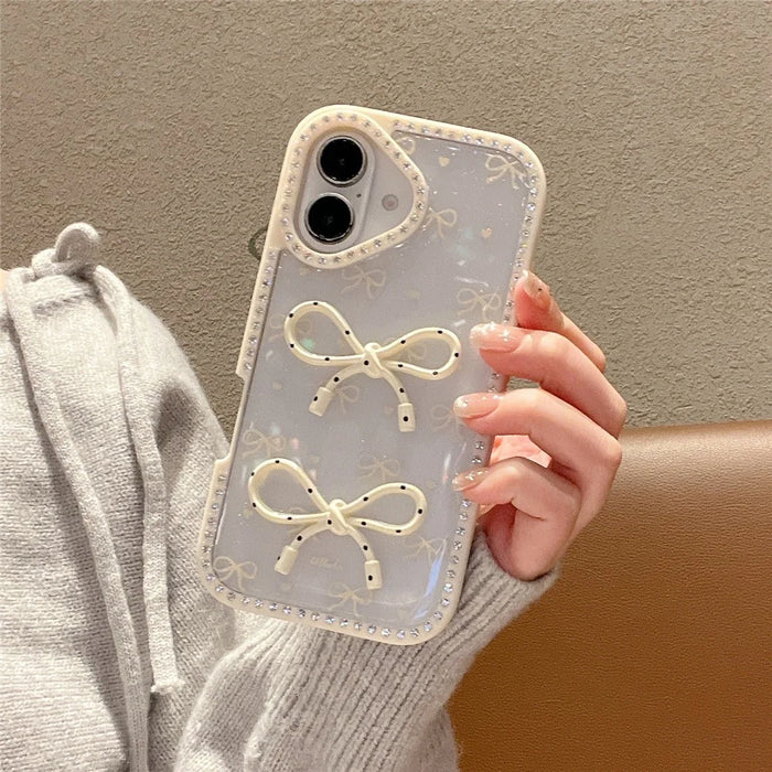 For iPhone 16 Case Two Bow Epoxy Design TPU + PC Phone Back Cover Rhinestone Decor - Beige - 2