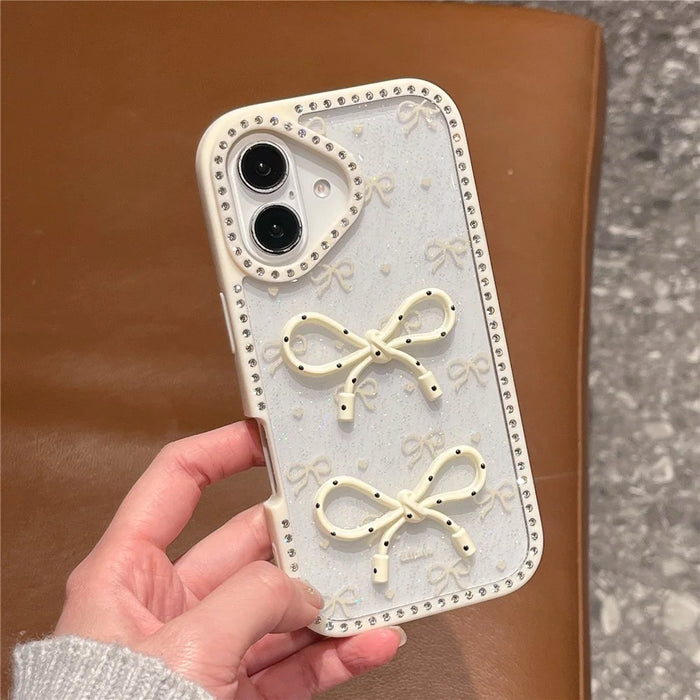 For iPhone 16 Case Two Bow Epoxy Design TPU + PC Phone Back Cover Rhinestone Decor - Beige - 3