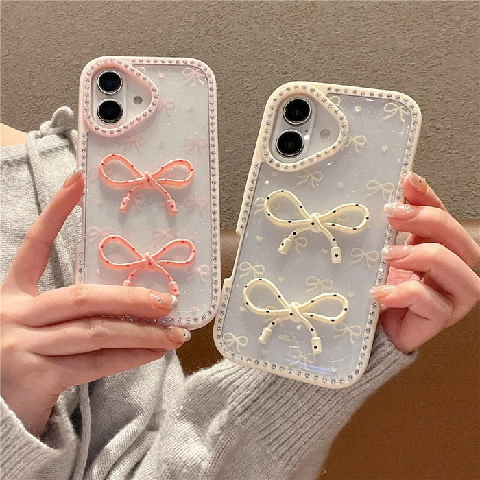 For iPhone 16 Case Two Bow Epoxy Design TPU + PC Phone Back Cover Rhinestone Decor - Beige - 4