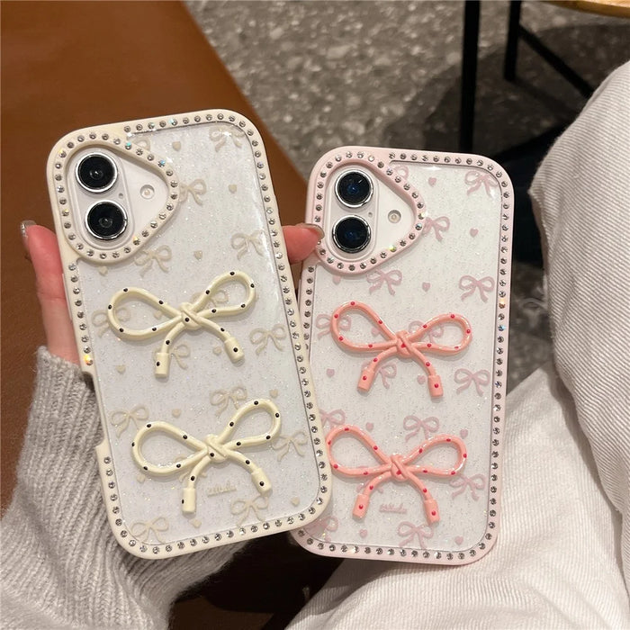 For iPhone 16 Case Two Bow Epoxy Design TPU + PC Phone Back Cover Rhinestone Decor - Beige - 5