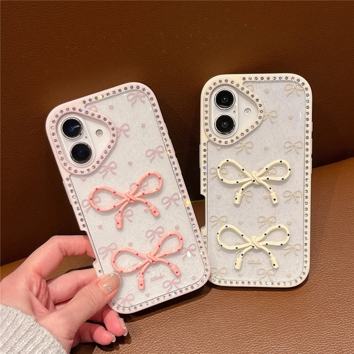 For iPhone 16 Case Two Bow Epoxy Design TPU + PC Phone Back Cover Rhinestone Decor - Beige - 6
