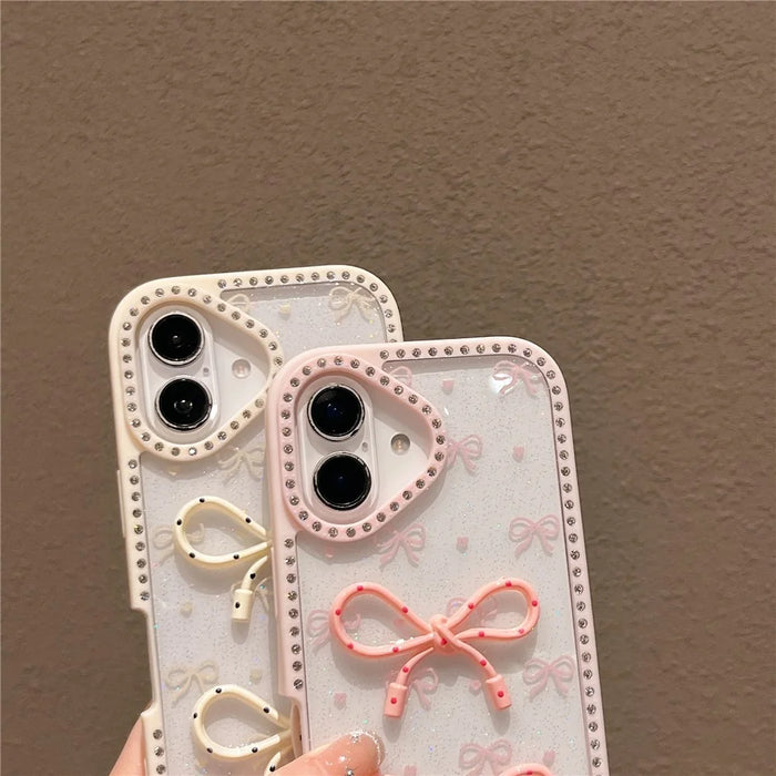 For iPhone 16 Case Two Bow Epoxy Design TPU + PC Phone Back Cover Rhinestone Decor - Beige - 7