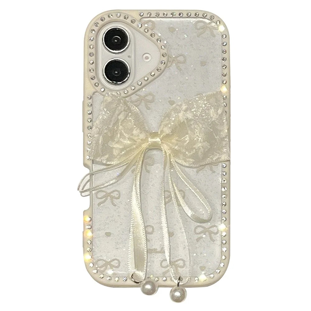 For iPhone 16 Case Two Bow Epoxy Design TPU + PC Phone Back Cover Rhinestone Decor - Beige - 1
