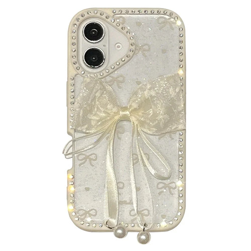 For iPhone 16 Case Two Bow Epoxy Design TPU + PC Phone Back Cover Rhinestone Decor - Beige - 1