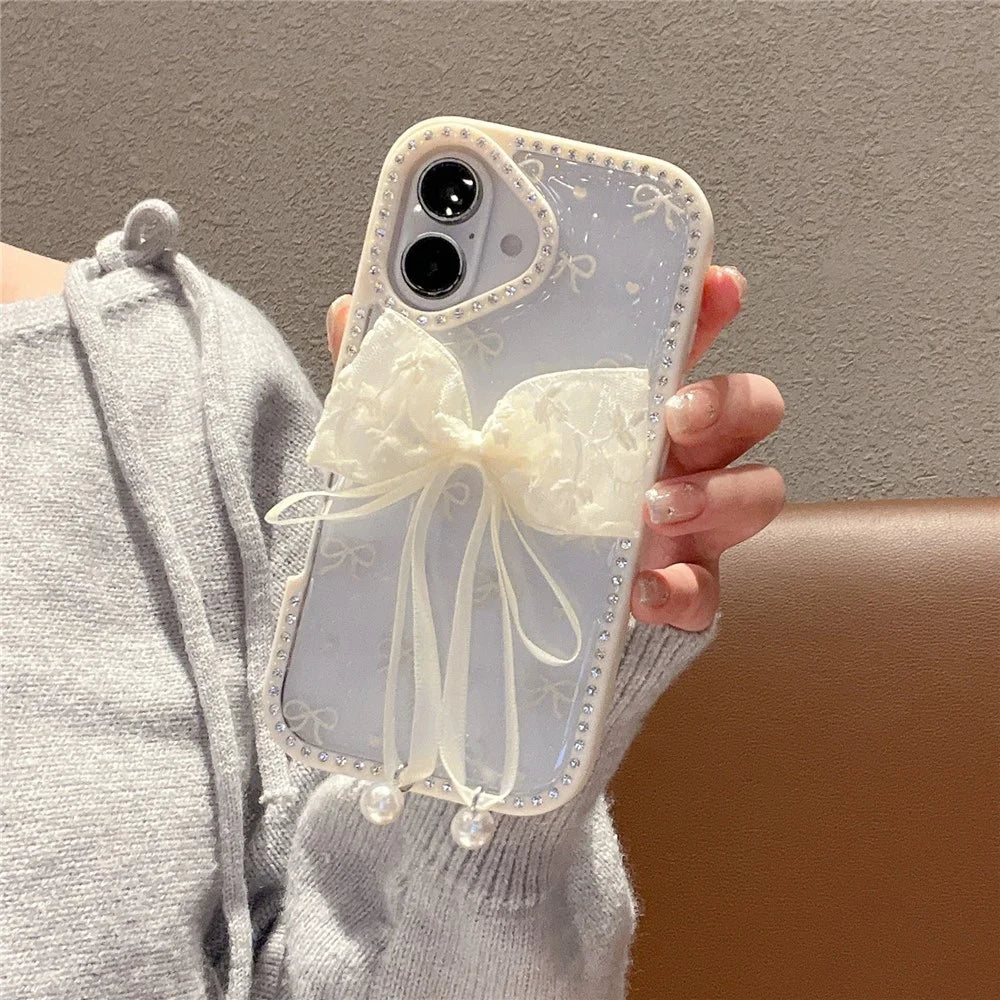 For iPhone 16 Case Two Bow Epoxy Design TPU + PC Phone Back Cover Rhinestone Decor - Beige - 2