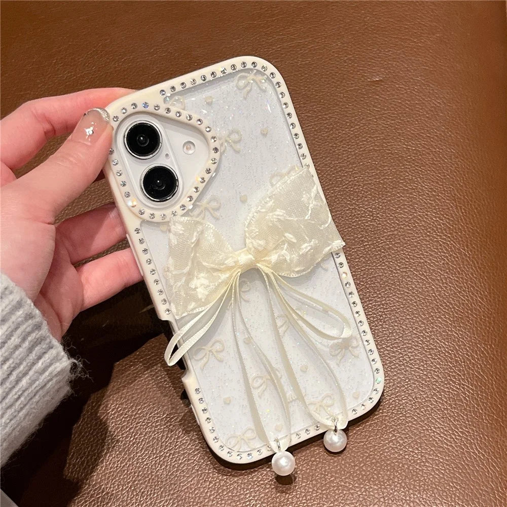 For iPhone 16 Case Two Bow Epoxy Design TPU + PC Phone Back Cover Rhinestone Decor - Beige - 3