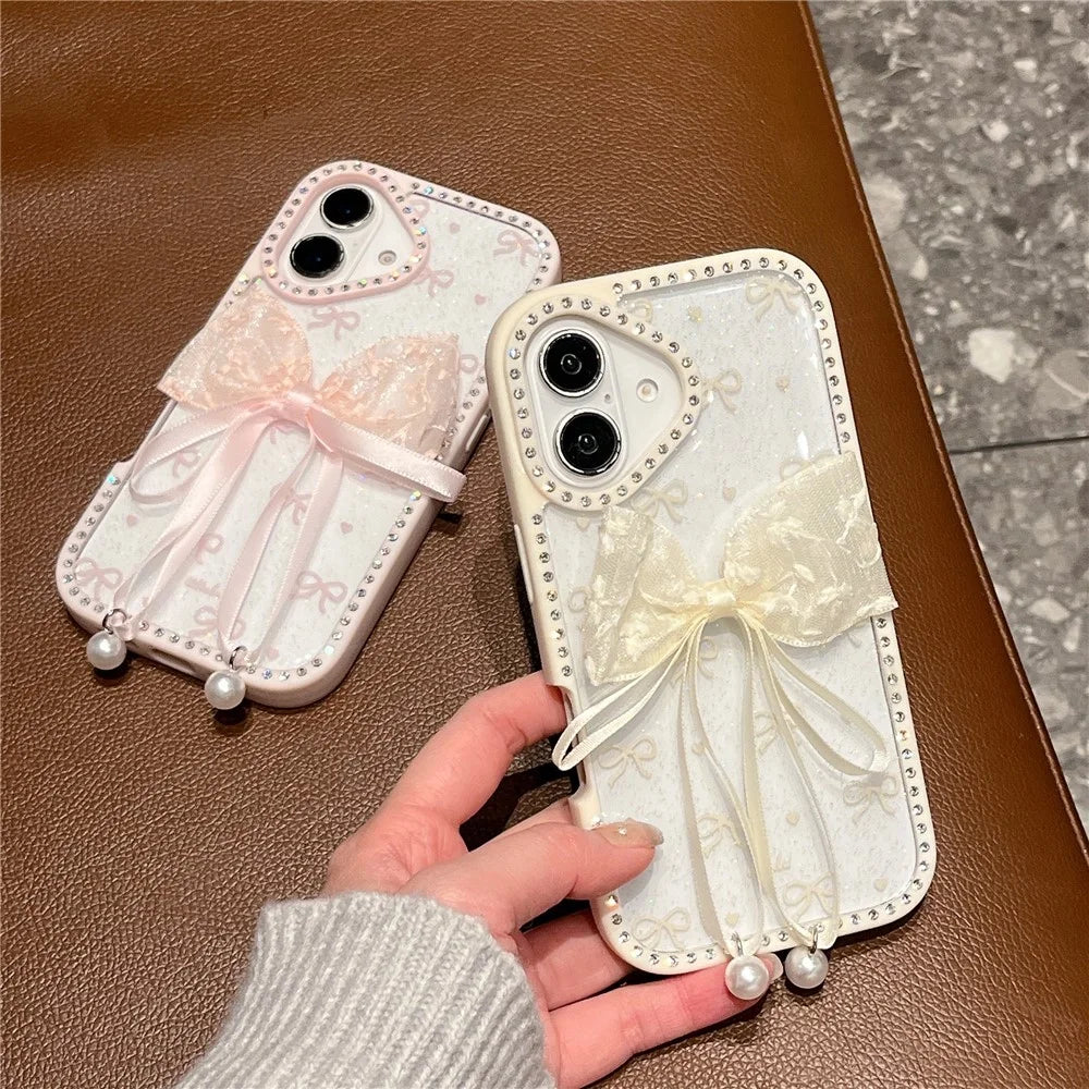 For iPhone 16 Case Two Bow Epoxy Design TPU + PC Phone Back Cover Rhinestone Decor - Beige - 4