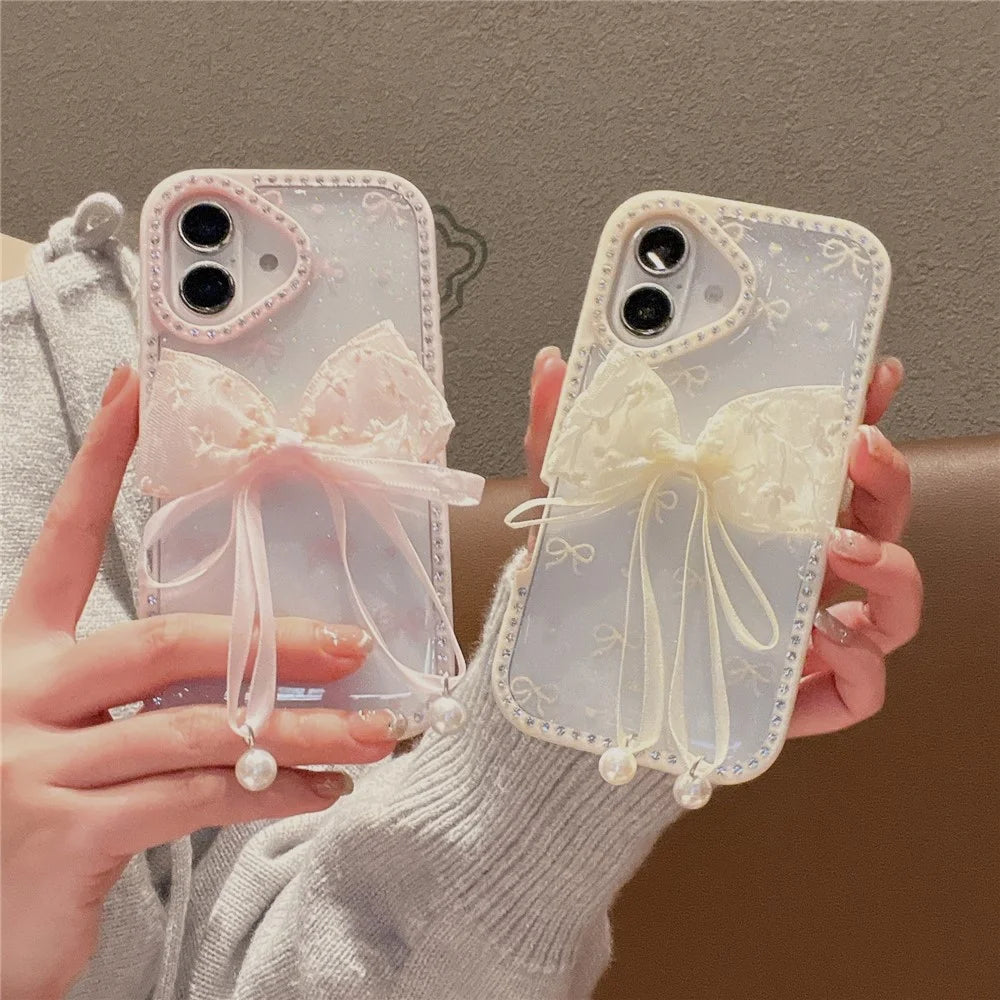 For iPhone 16 Case Two Bow Epoxy Design TPU + PC Phone Back Cover Rhinestone Decor - Beige - 7
