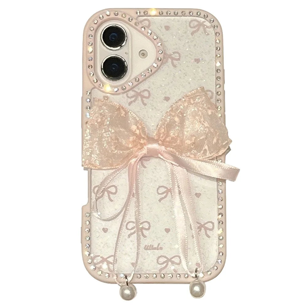For iPhone 16 Plus Case Two Bow Epoxy Design TPU + PC Phone Back Cover Rhinestone Decor - Pink - 1