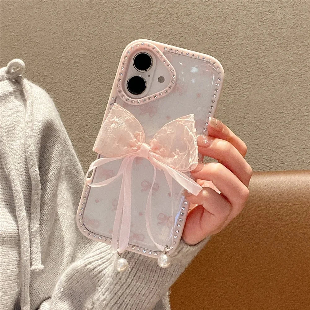 For iPhone 16 Plus Case Two Bow Epoxy Design TPU + PC Phone Back Cover Rhinestone Decor - Pink - 2