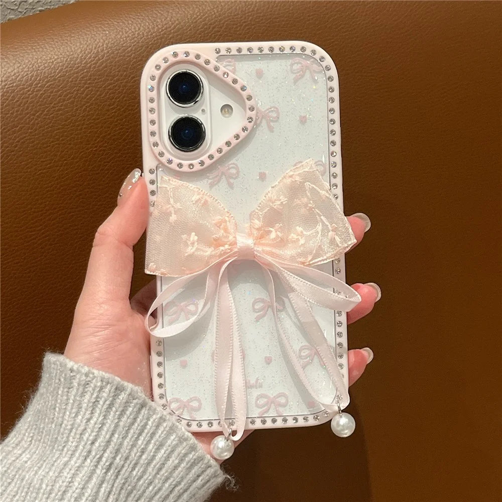 For iPhone 16 Plus Case Two Bow Epoxy Design TPU + PC Phone Back Cover Rhinestone Decor - Pink - 3