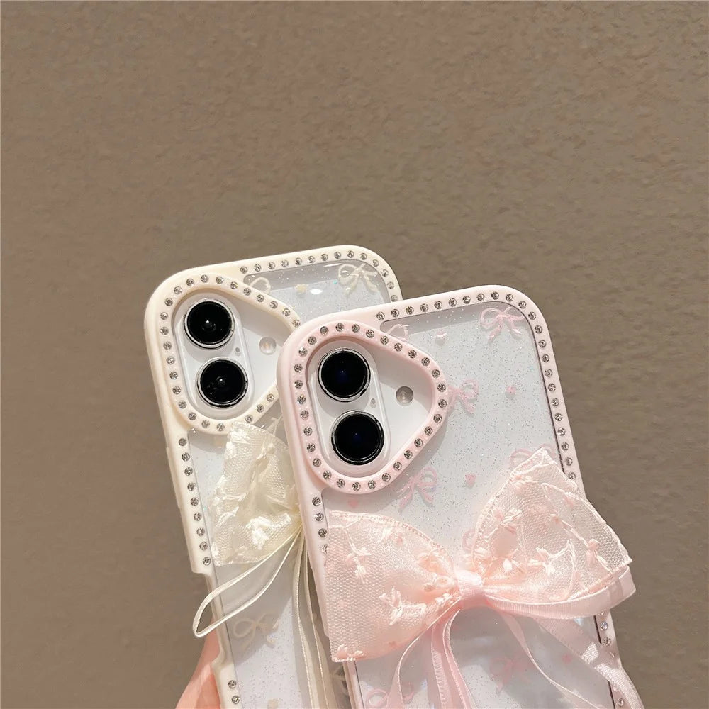 For iPhone 16 Plus Case Two Bow Epoxy Design TPU + PC Phone Back Cover Rhinestone Decor - Pink - 5