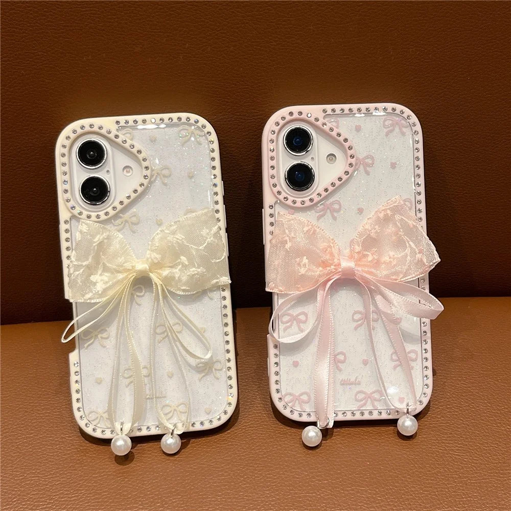 For iPhone 16 Plus Case Two Bow Epoxy Design TPU + PC Phone Back Cover Rhinestone Decor - Pink - 6