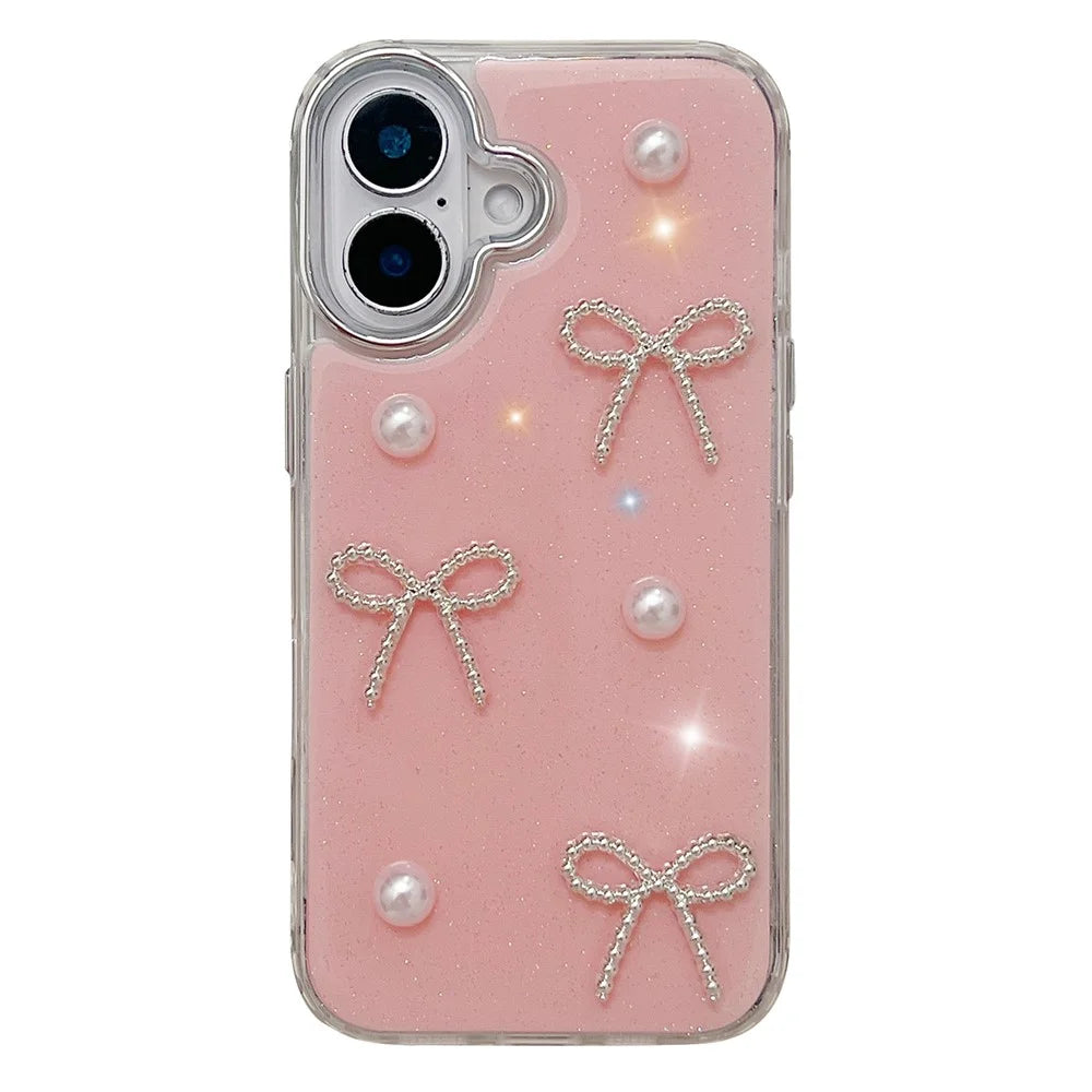 For iPhone 16 Plus Case Pearl Bow Epoxy Design TPU + PC Phone Back Cover - Pink - 1