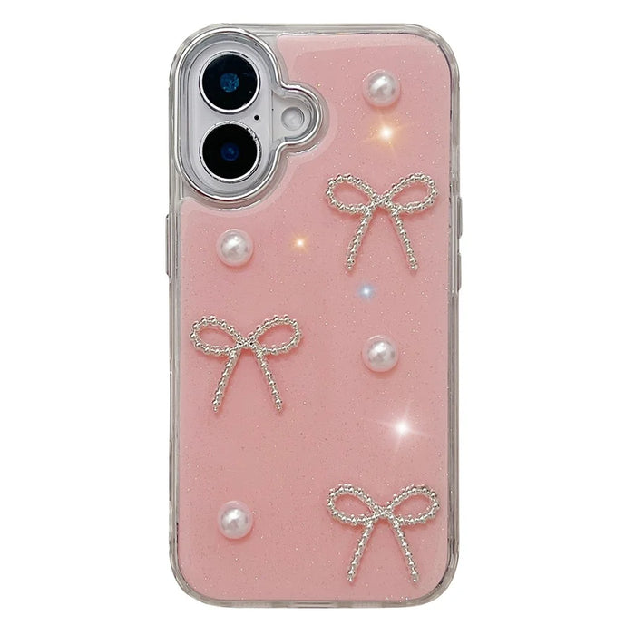 For iPhone 16 Plus Case Pearl Bow Epoxy Design TPU + PC Phone Back Cover - Pink - 1