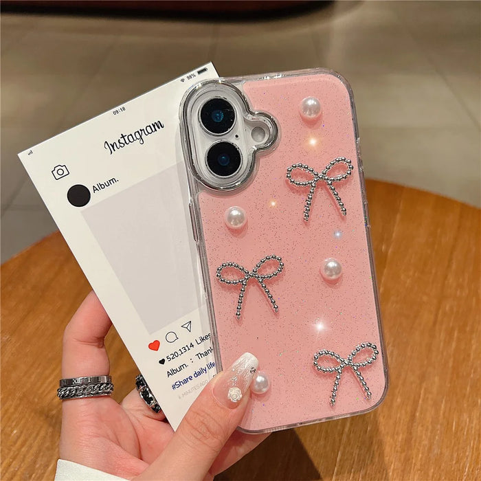 For iPhone 16 Case Pearl Bow Epoxy Design TPU + PC Phone Back Cover - Pink - 2