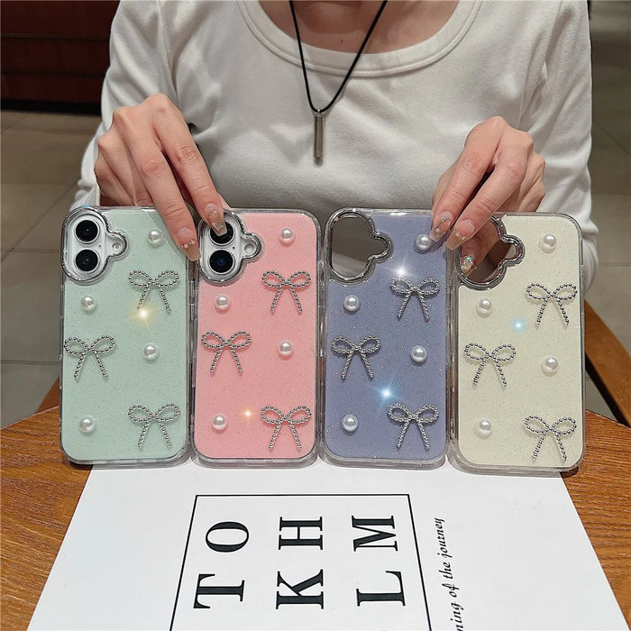 For iPhone 16 Case Pearl Bow Epoxy Design TPU + PC Phone Back Cover - Pink - 7