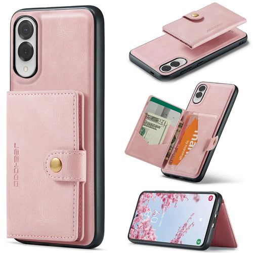 JEEHOOD For Samsung Galaxy S25 Edge Case  J01 Retro Leather Phone Back Cover with Detachable Magnetic Card Holder - Pink - 1