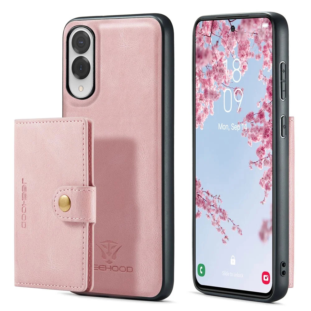 JEEHOOD For Samsung Galaxy S25 Edge Case  J01 Retro Leather Phone Back Cover with Detachable Magnetic Card Holder - Pink - 2