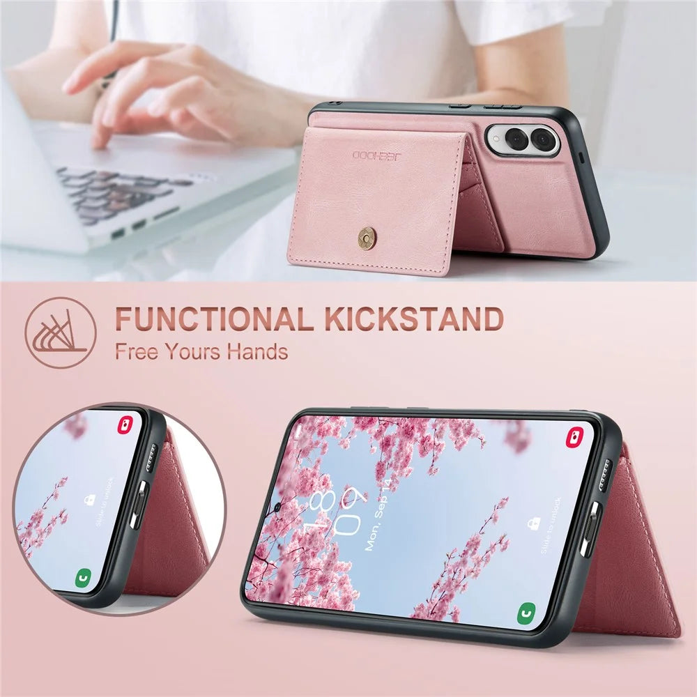 JEEHOOD For Samsung Galaxy S25 Edge Case  J01 Retro Leather Phone Back Cover with Detachable Magnetic Card Holder - Pink - 4