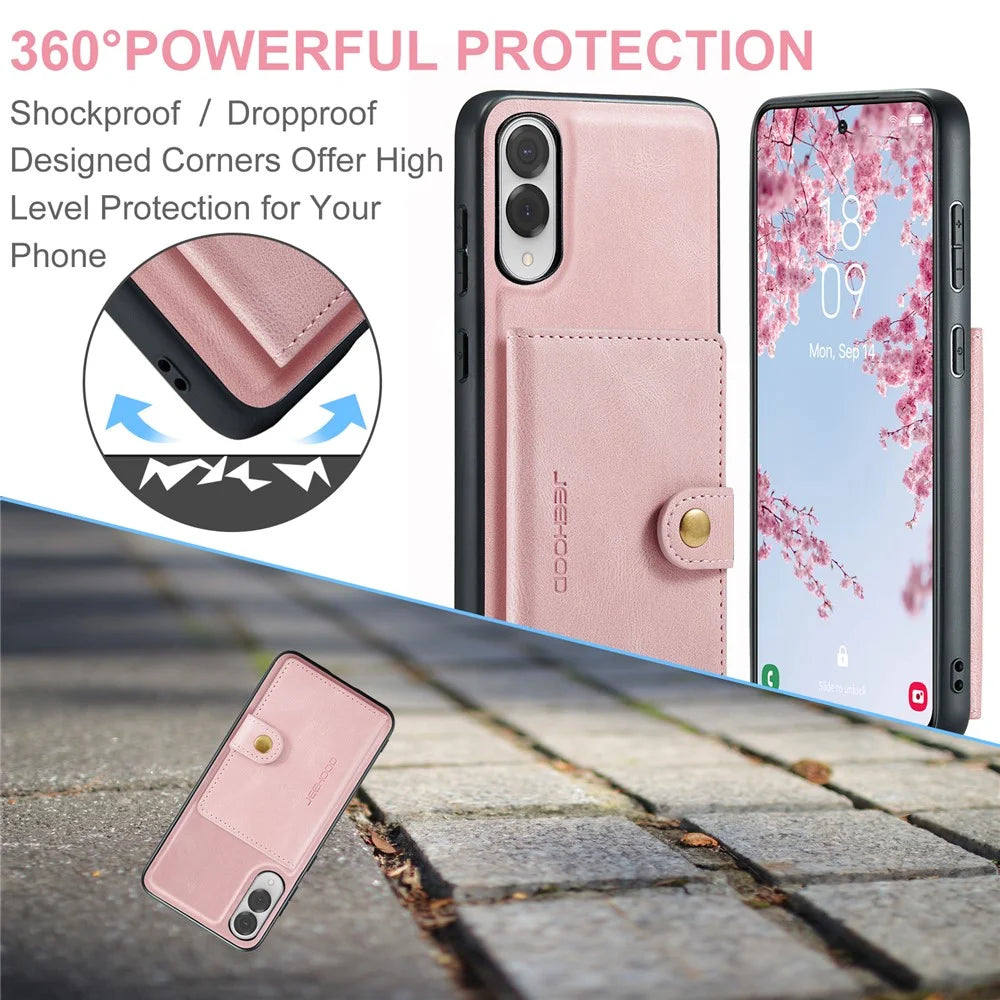 JEEHOOD For Samsung Galaxy S25 Edge Case  J01 Retro Leather Phone Back Cover with Detachable Magnetic Card Holder - Pink - 5