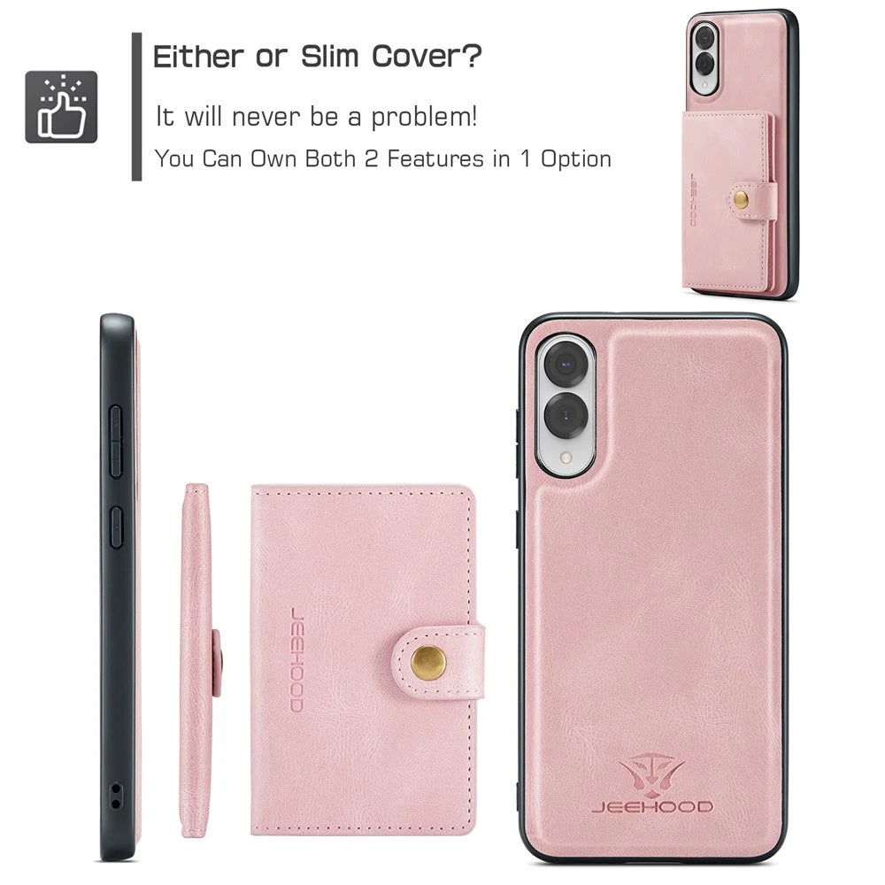 JEEHOOD For Samsung Galaxy S25 Edge Case  J01 Retro Leather Phone Back Cover with Detachable Magnetic Card Holder - Pink - 6