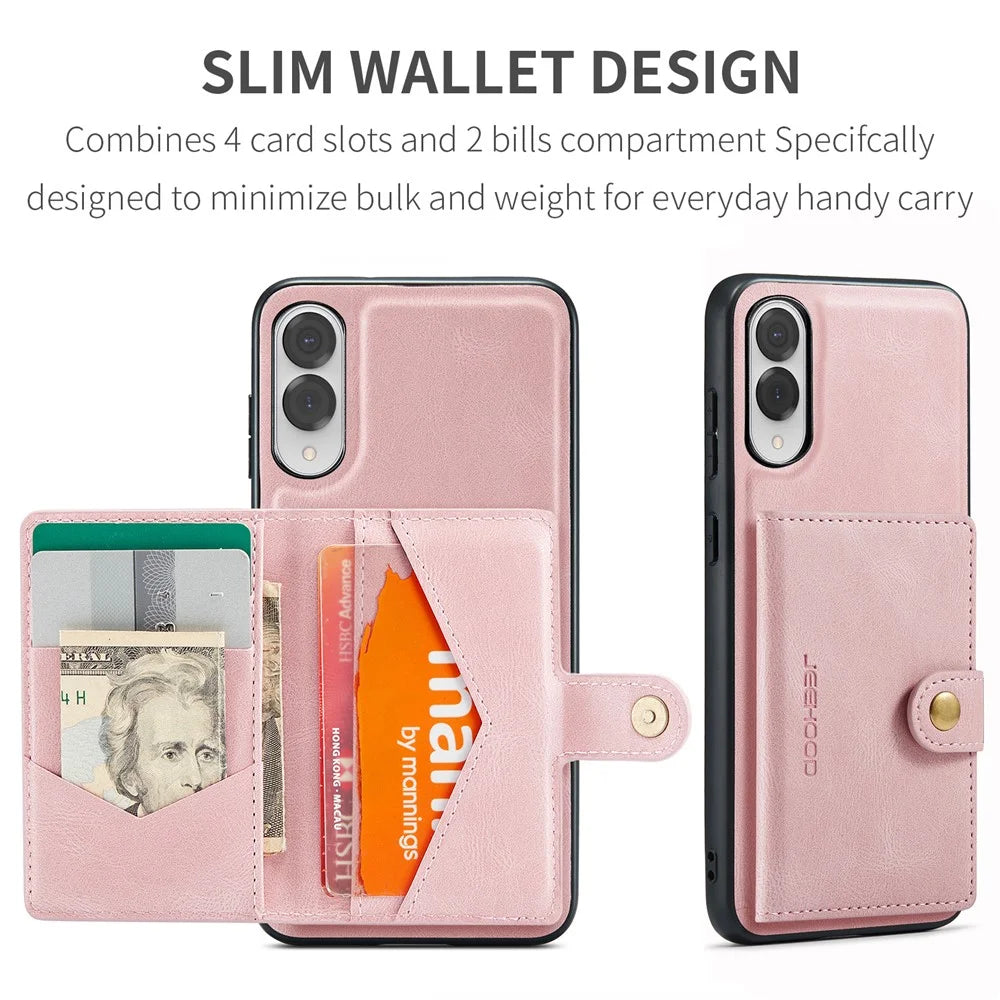 JEEHOOD For Samsung Galaxy S25 Edge Case  J01 Retro Leather Phone Back Cover with Detachable Magnetic Card Holder - Pink - 7