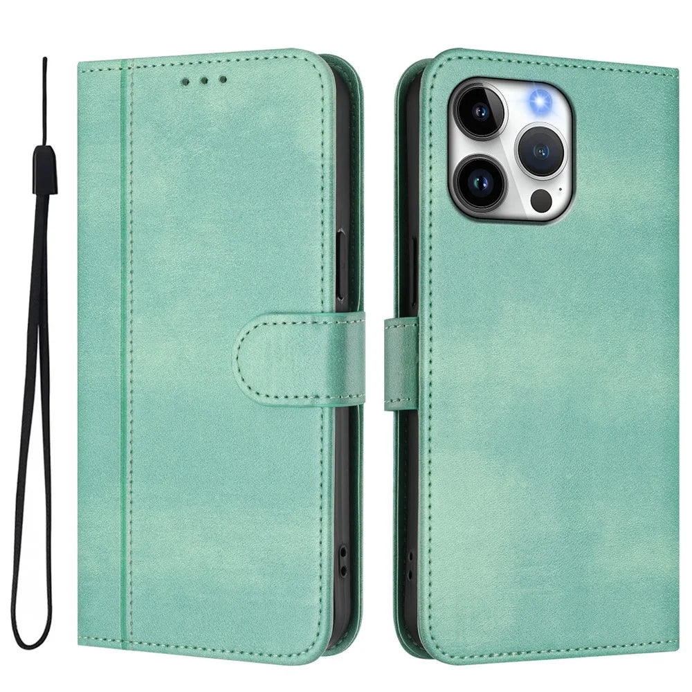 For iPhone 16 Pro Max Cases Wallet Stand Retro Texture Leather Phone Cover with Lanyard - Mint Green - 1