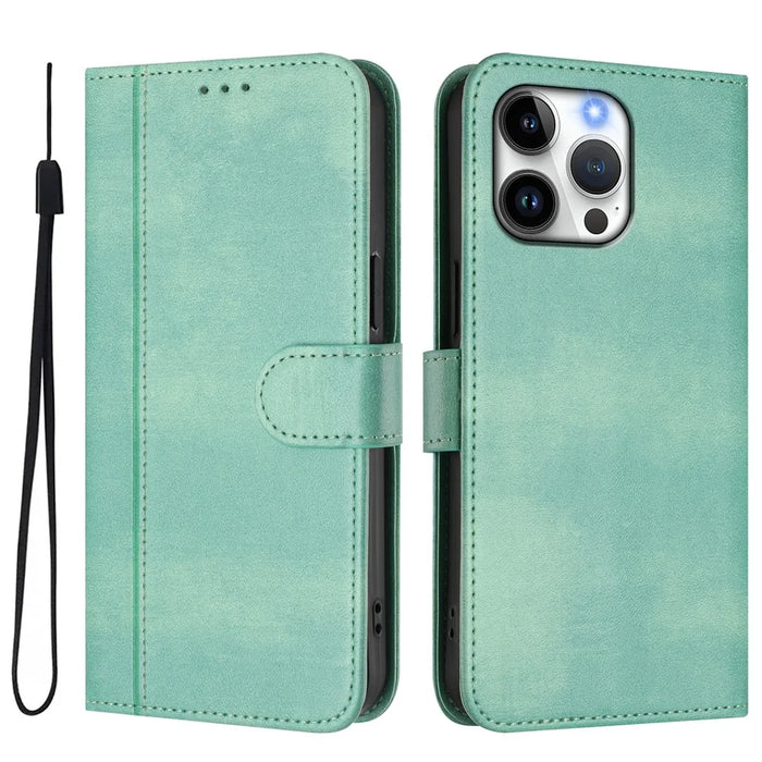 For iPhone 16 Pro Max Cases Wallet Stand Retro Texture Leather Phone Cover with Lanyard - Mint Green - 1
