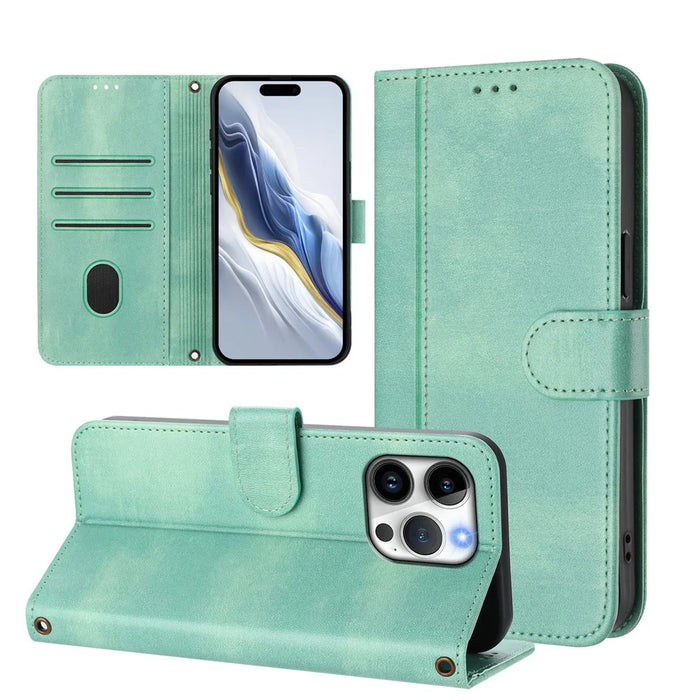 For iPhone 16 Pro Max Cases Wallet Stand Retro Texture Leather Phone Cover with Lanyard - Mint Green - 3