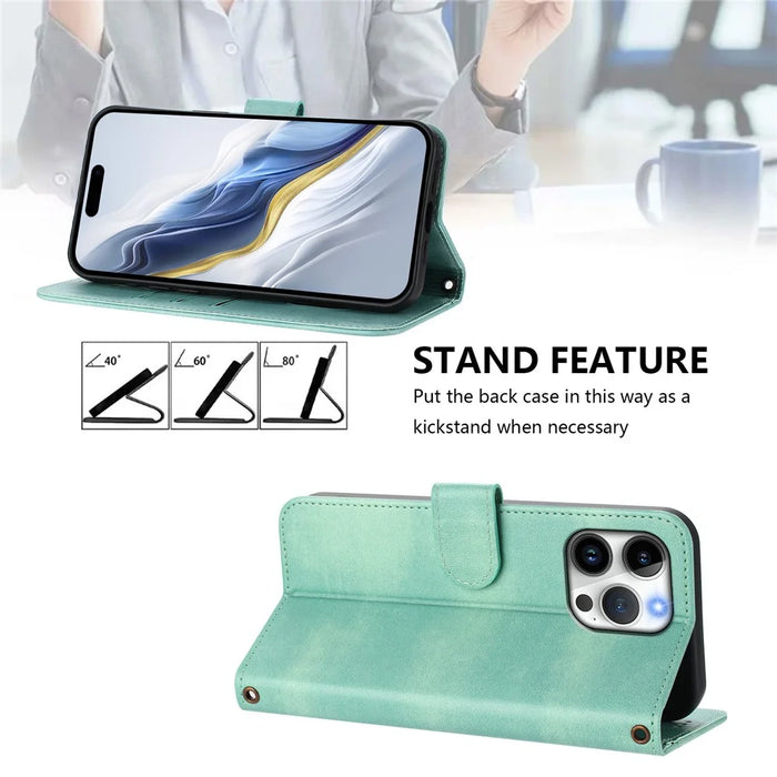 For iPhone 16 Pro Max Cases Wallet Stand Retro Texture Leather Phone Cover with Lanyard - Mint Green - 4
