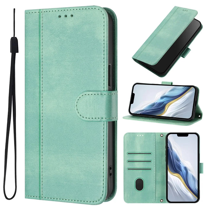 For iPhone 16 Pro Max Cases Wallet Stand Retro Texture Leather Phone Cover with Lanyard - Mint Green - 6