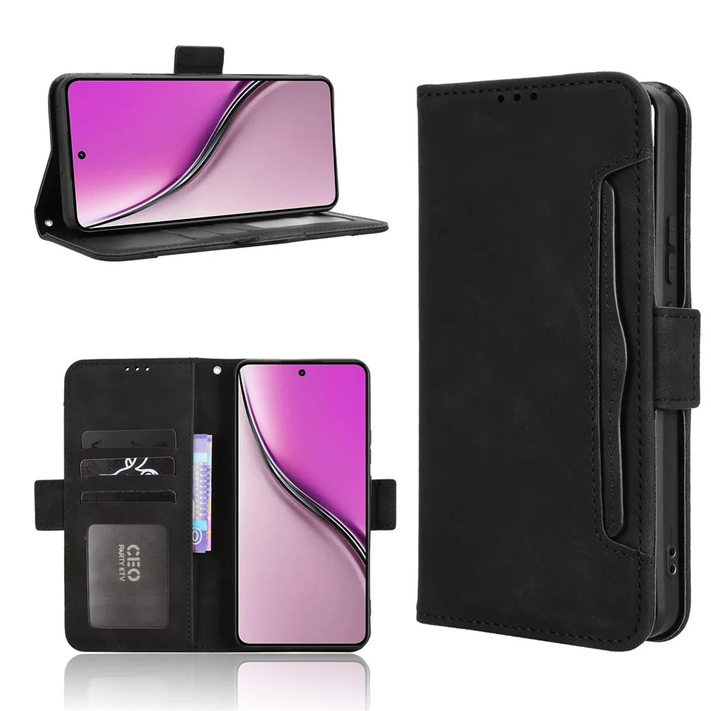 For Realme Neo7x 5G / Realme 14 5G / Realme P3 5G Leather Case Phone Wallet Cover with Multiple Card Slots - Black - 1