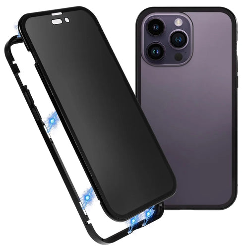 For iPhone 14 Pro Max Shockproof Anti-peep Phone Case Metal Frame + Double-sided Tempered Glass Hybrid Cover with Magnetic Closure - Black - 1