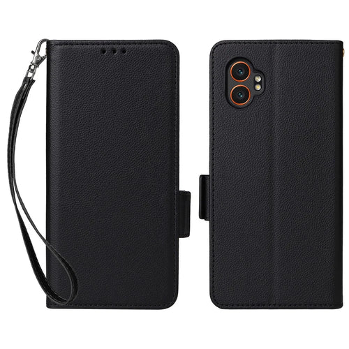 For Samsung Galaxy XCover7 Pro Case with Wrist Strap Litchi Texture PU Leather Wallet Phone Cover - Black - 1