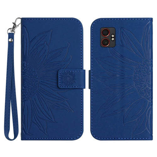 For Samsung Galaxy XCover7 Pro Case Sunflower Imprint Leather Wallet Phone Cover with Wrist Strap - Sapphire - 1