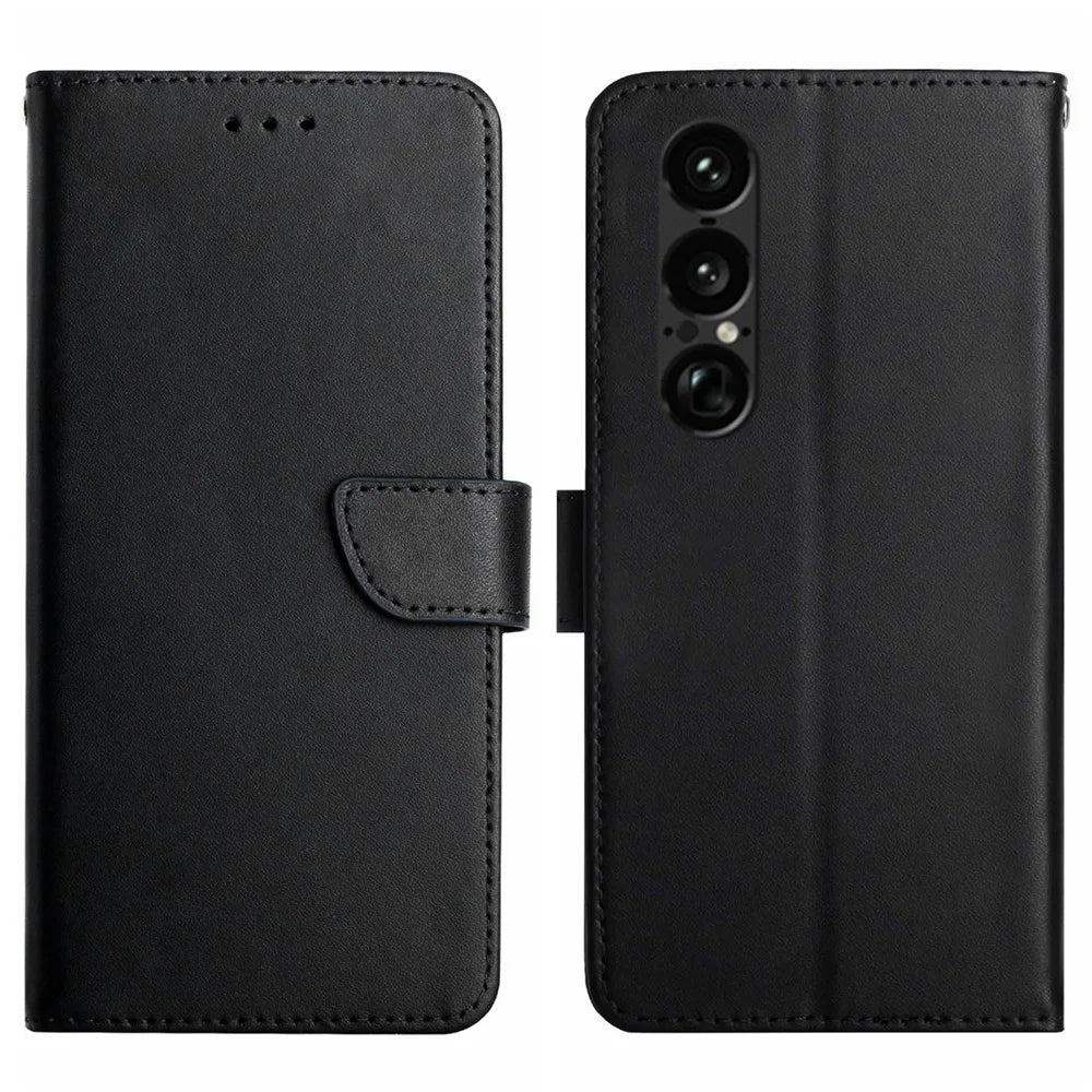 For Sony Xperia 1 VII Case Genuine Cow Leather Phone Cover Nappa Texture - Black - 1