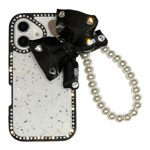 For iPhone 16 Case Glitter Epoxy Design TPU + PC Phone Back Cover with Bow Strap, Rhinestone Decor - Black - 1