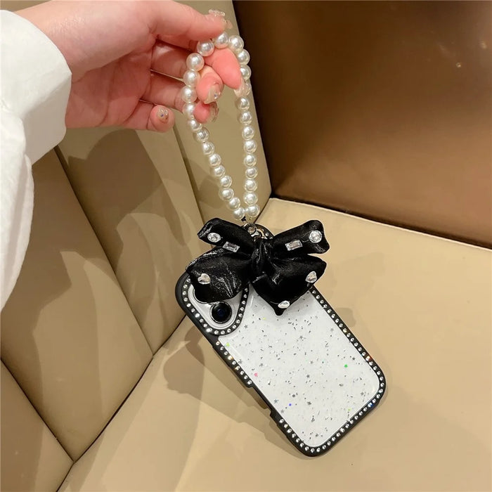 For iPhone 16 Case Glitter Epoxy Design TPU + PC Phone Back Cover with Bow Strap, Rhinestone Decor - Black - 2
