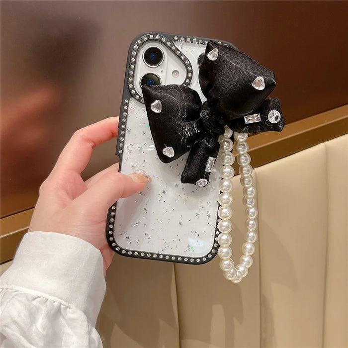 For iPhone 16 Case Glitter Epoxy Design TPU + PC Phone Back Cover with Bow Strap, Rhinestone Decor - Black - 3