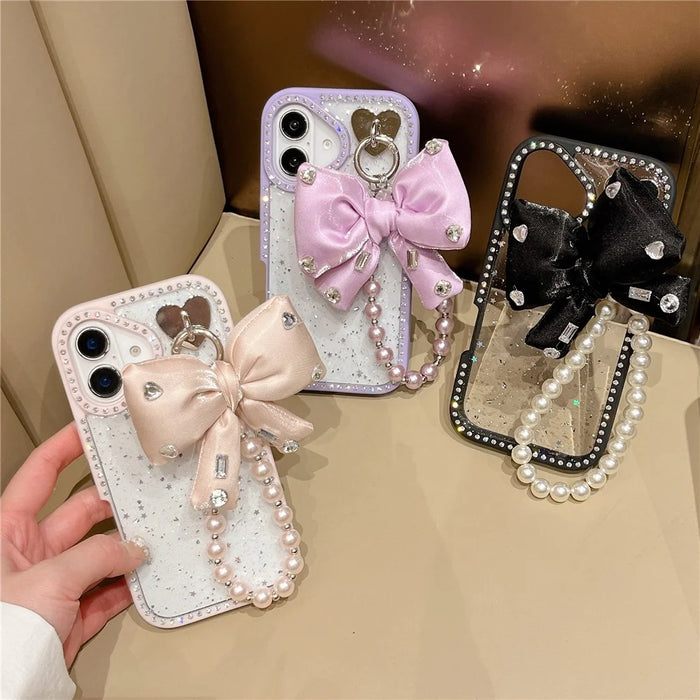 For iPhone 16 Case Glitter Epoxy Design TPU + PC Phone Back Cover with Bow Strap, Rhinestone Decor - Black - 4