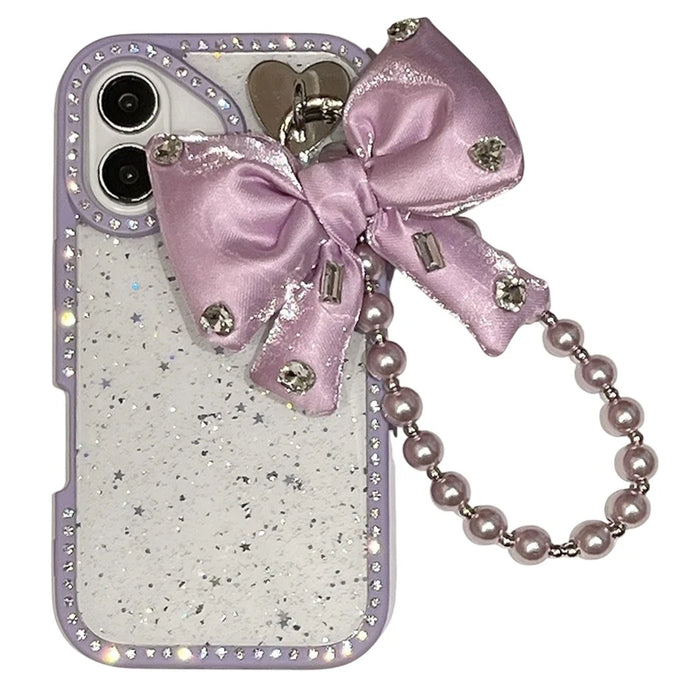 For iPhone 16 Plus Case Glitter Epoxy Design TPU + PC Phone Back Cover with Bow Strap, Rhinestone Decor - Purple - 1