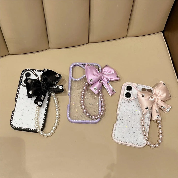 For iPhone 16 Plus Case Glitter Epoxy Design TPU + PC Phone Back Cover with Bow Strap, Rhinestone Decor - Purple - 5