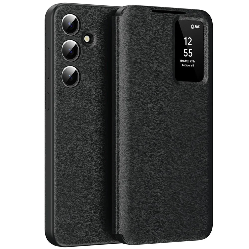 For Samsung Galaxy A56 5G Case with Card Holder Smart View Window PU Leather+PC+TPU Phone Cover - Black - 1