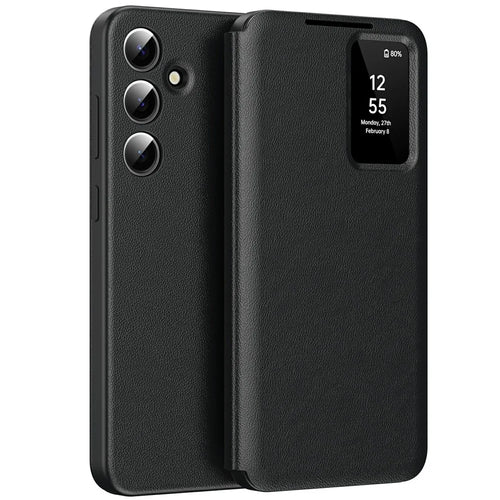 For Samsung Galaxy A56 5G Case with Card Holder Smart View Window PU Leather+PC+TPU Phone Cover - Black - 1
