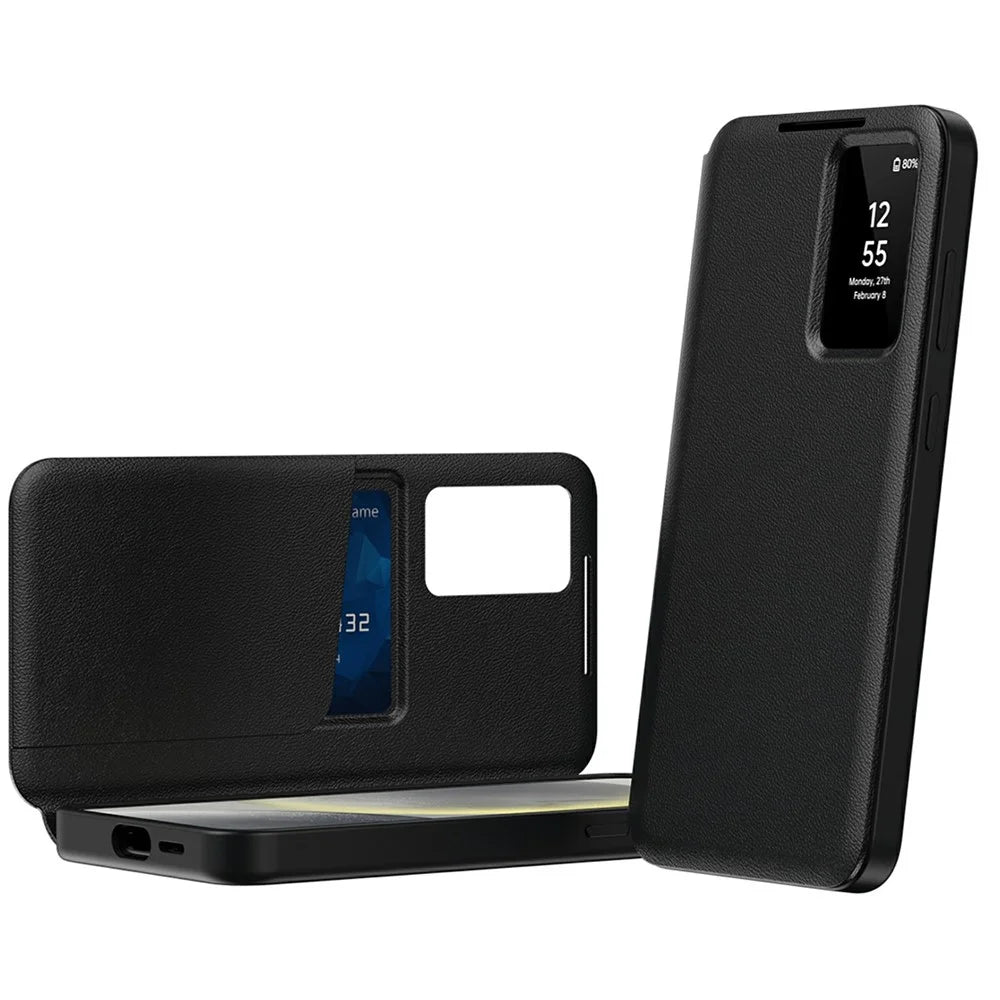 For Samsung Galaxy A56 5G Case with Card Holder Smart View Window PU Leather+PC+TPU Phone Cover - Black - 2